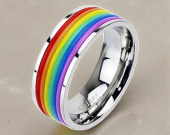 Rainbow Rubber Stripe Stainless Steel Pride Ring