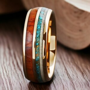 Koa Wood Ring, Men&#39;s Wedding Band, Rose Gold Tungsten Ring, Unique Wedding Band, Opal Wood Ring, Mens Wedding Ring, Engagement Ring for Men