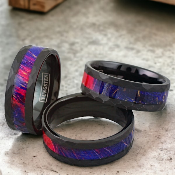 Stunning Hexagon Brushed Finish Black Tungsten Ring with Purple-Blue-Red Box Elder Wood Inlay