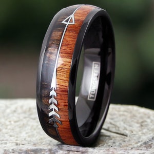 Awesome 6mm/8mm Black Tungsten Dome Ring with Koa Wood Inlay and Feathered Arrow - Unique and Durable Men&#39;s and Women&#39;s Wedding Bands