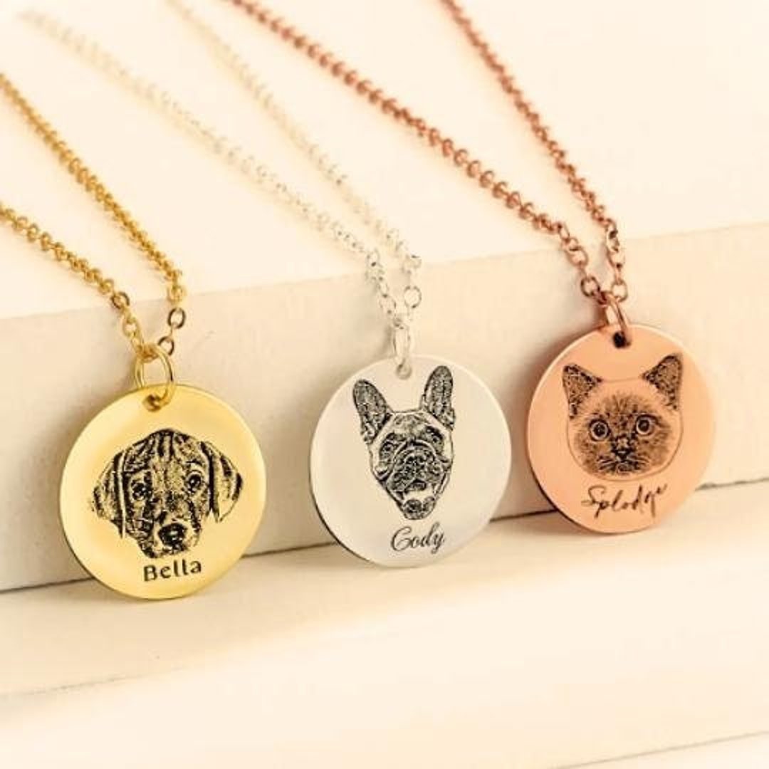 Pet Necklace Customized, Engraved Pet Portrait Necklace, Memorial Pet Necklace, Personalized Pet