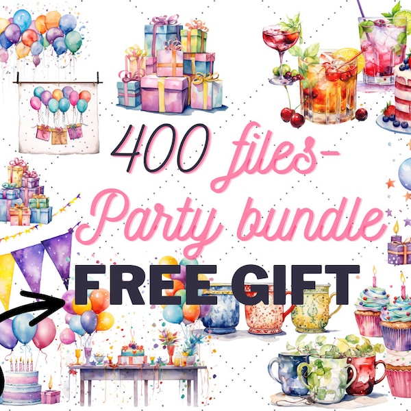 400 Watercolor bundle No-Background Transparent Party Clipart PNG SVG EPS: Birthday Party,Balloons, Birthday Cake, Summer Party, Pool Party