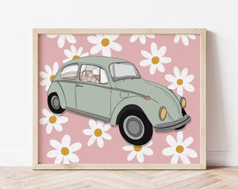 Daisy Bug Art Print, Retro, Hippie, Floral, Flowers, Home Decor, Wall Hanging, Illustration, Unframed Art, Car, Pink