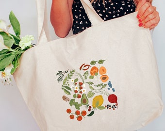 Jumbo Farmer's Market Tote Bag, Fresh Produce Tote Bag, Vegetable Tote, Vintage Market Bag, Natural Color Cotton Tote, Illustrated Tote