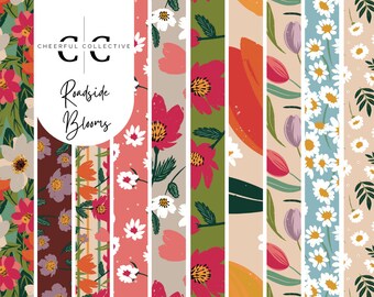 Roadside Blooms Seamless Pattern Bundle, Floral Botanical Collection, Flowers Repeat Pattern for Commercial Use, Stripes, Dots, Colorful