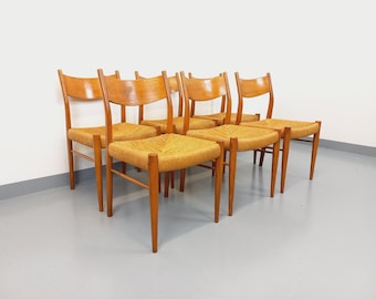 Set of 6 vintage Italian teak and Danish rope chairs Gessef Consorzio Sedie Friuli
