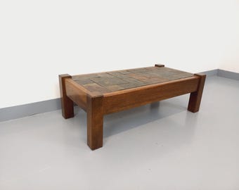 Vintage Brutalist Oak and Slate Coffee Table from the 60s-70s