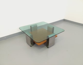 Table basse carrée 2 plateaux style Space Age vintage des années 70 en verre fumé bleuté, teck et acier