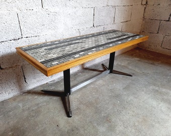 Table basse vintage années 60 70 en céramique, bois et métal