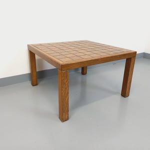 Vintage square coffee table in oak wood and ceramic from the 60s and 70s