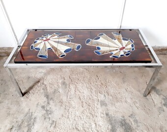 Vintage 70s coffee table in ceramic and chrome metal
