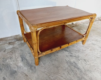 Vintage rattan and wood coffee table