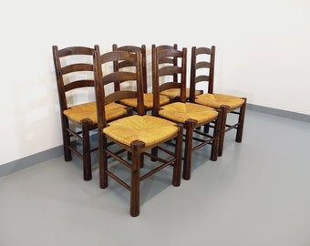 Satz von 6 brutalistischen Vintage-Stühlen von Georges Robert aus Holz und Stroh aus den 50er und 60er Jahren