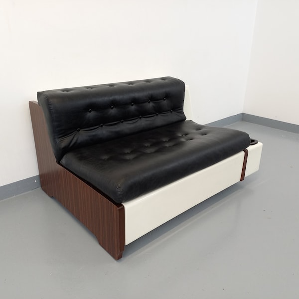 Vintage sofa bed with integrated lighting, Italian design Beka Tortuga, in skai, fiberglass and rosewood from the 60s