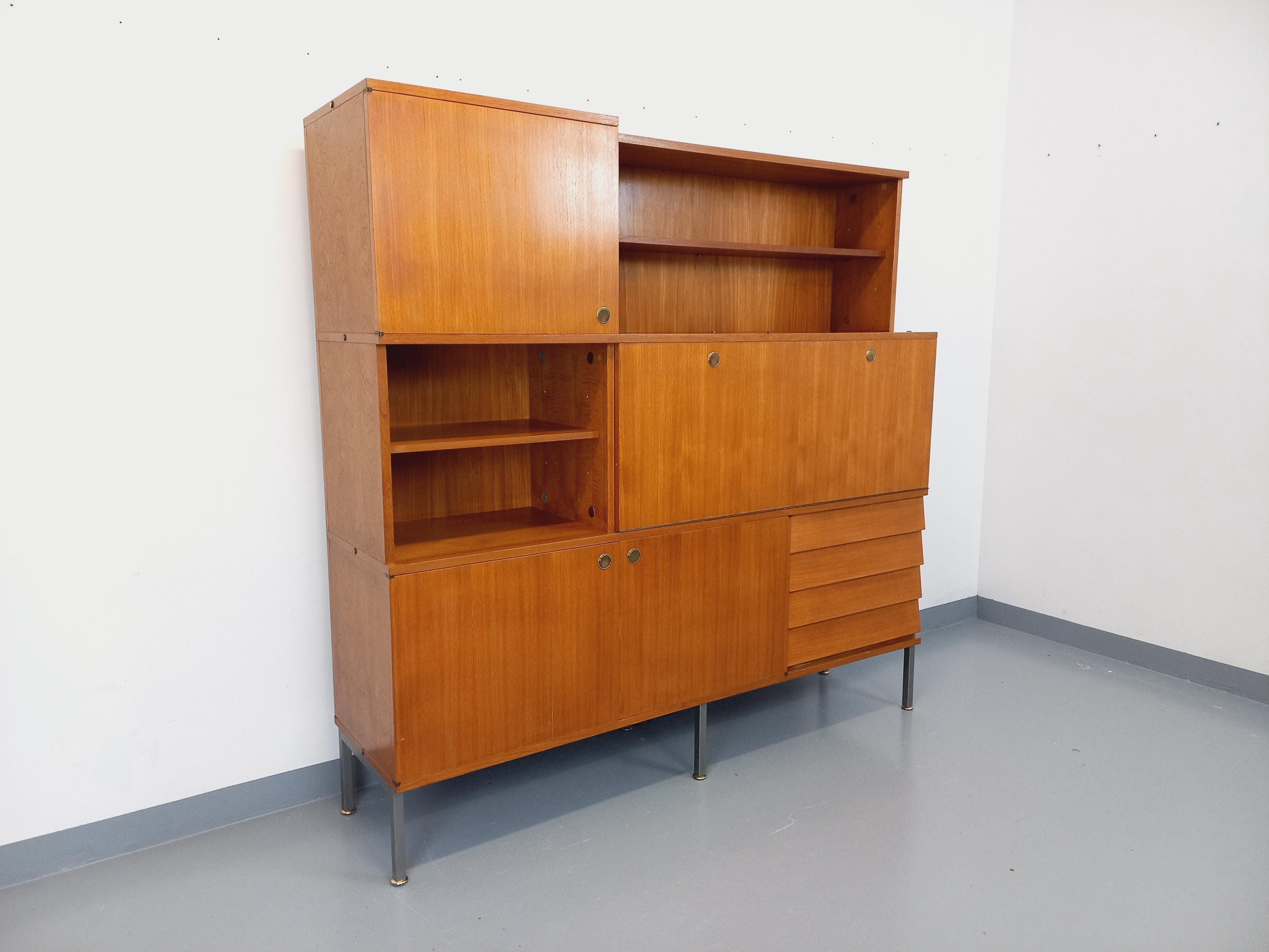 Meuble De Rangement Bibliothèque Secrétaire Moderniste Vintage Louis Paolozzi Pour Monopoly En Teck Et Métal Des Années 60