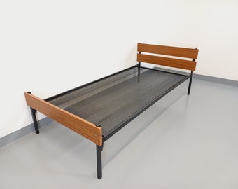 Vintage modernist style bed in metal and teak type formica from the 60s