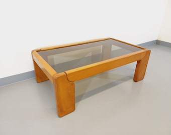 Vintage coffee table in elm and smoked glass Maison Regain from the 70s and 80s