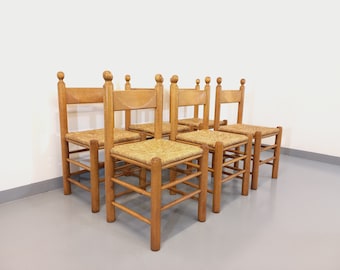 Set of 6 vintage brutalist chairs in solid oak wood and straw from the 60s
