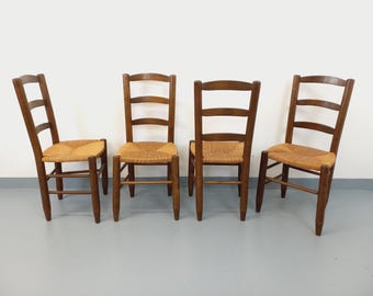 Set of 4 vintage brutalist chairs in wood and straw from the 1960s