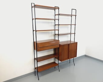 Vintage modular Italian double shelf bookcase in teak and metal from the 60s