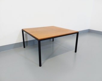 Vintage modernist square coffee table in teak and black metal from the 60s