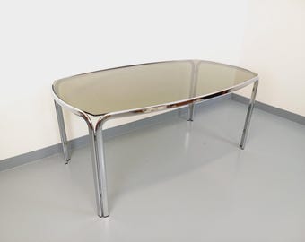 Vintage 70s Space Age Style Smoked Glass and Chrome Metal Curved Rectangular Dining Table
