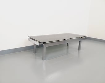 Large vintage coffee table in smoked glass and chrome metal from the 70s