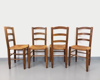 Set aus 4 brutalistischen Vintage-Stühlen aus Holz und Stroh aus den 60er Jahren