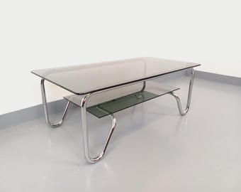 Vintage Italian rectangular coffee table with 2 smoked glass and chrome metal tops from the 70s