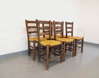 Set of 6 vintage brutalist chairs in wood and straw from the 60s