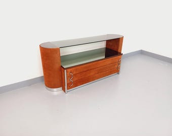 Vintage-Schminktisch im italienischen Design aus den 70er/80er Jahren, gefertigt aus Wildledersamt, Chrom, Rauchglas und Spiegel.
