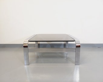 Table basse vintage carrée en verre fumé et métal chromé des années 70