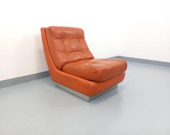 Fauteuil chauffeuse style Roche Bobois vintage en chrome et cuir tuile des années 70