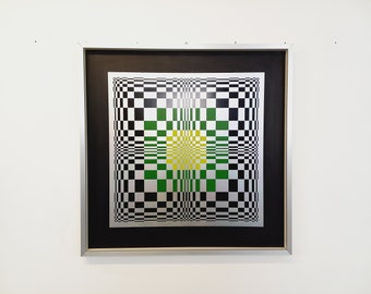 Typische kinetische dambordzeefdruk schilderij op aluminium, Italiaans abstract ontwerp in Vasarely stijl uit de jaren '70