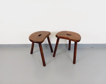 Pair of vintage brutalist tripod stools in solid fir wood from the 1950s