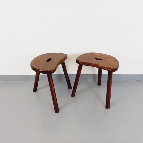 Pair of vintage brutalist tripod stools in solid fir wood from the 1950s