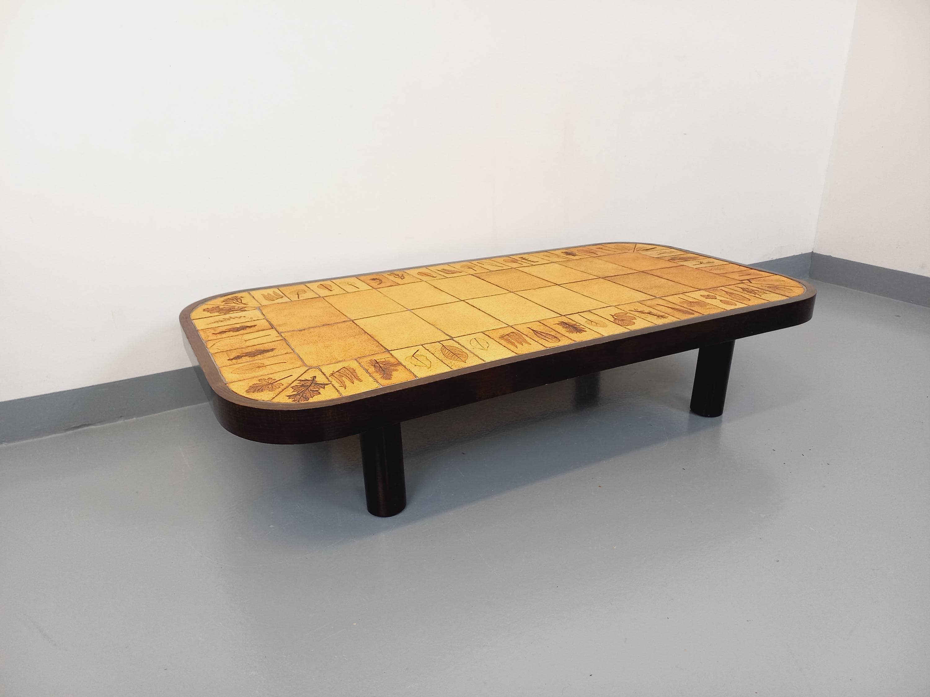 Vintage Roger Capron coffee table in dark wood and Vallauris ceramic from the 60s 70s