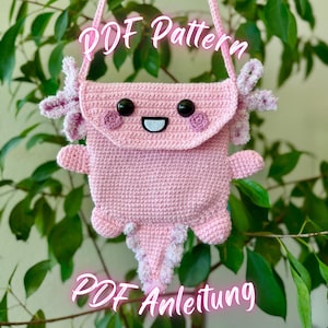 Axolotl Crochet Pattern Bag PDF - Axolotl Tasche Häkelanleitung - Kawaii Animal Purse Tutorial - Pink Salamander Bag - English & Deutsch