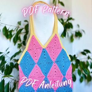 Diamond Moving Tote – Crochet Pattern for a Walking Diamond Bag | Crochet Pattern Bag | Wizard Aesthetic | Harlequin Diamond Tote | DIY Kawaii