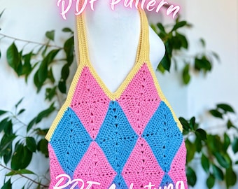Diamond Moving Tote – Crochet Pattern for a Walking Diamond Bag | Crochet Pattern Bag | Wizard Aesthetic | Harlequin Diamond Tote | DIY Kawaii