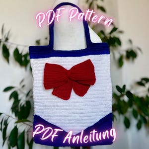 Moonlight Bow Crochet Tote – Handmade Kawaii Style Bag with Red Ribbon, crochet pattern, celestial Bag, Magic Girl Style, tote bag, purse