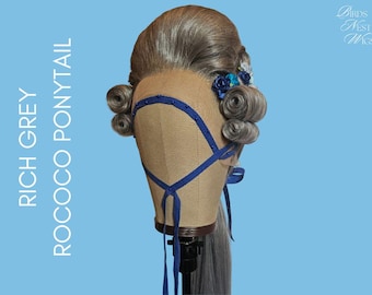 Grey Male Rococo Ponytail Wig: 18th Century Versailles Style with Flowers