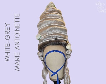 Marie Antoinette Wig - White-Grey with Winding Pearls and Ornamental Cage