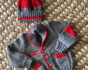 Hand Knitted Childrens Cardigan and Hat Set.