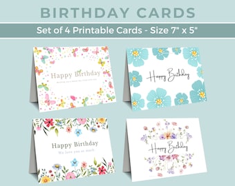 Birthday Card Bundle Printable, Set of 4 Printable Floral Birthday Cards, Flower Birthday Card