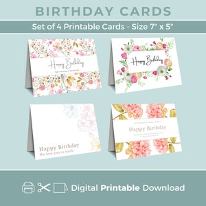 Conjunto de 4 cartões de aniversário para impressão, pacote de cartões de aniversário com flores, download digital, impressão em casa