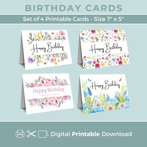 Conjunto de 4 cartões de aniversário para impressão, pacote de flores para cartões de aniversário, download digital, impressão em casa