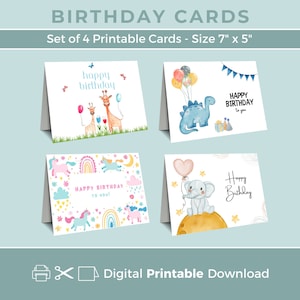 Kids Birthday Card Pack, Birthday Card Bundle, Set of 4 Printable Birthday Cards, Digital Download