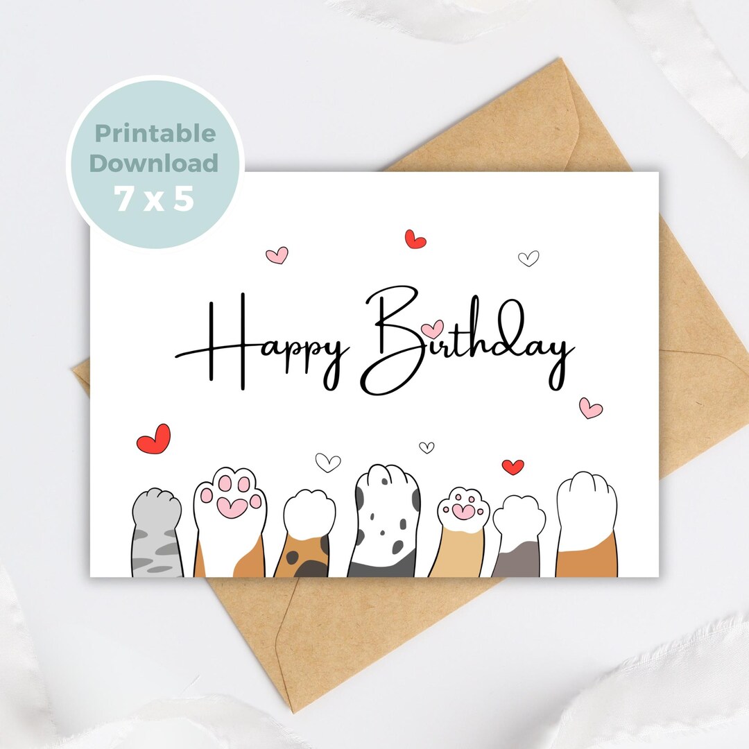 Cat Printable Birthday Card, Cute Kitty Greeting Card, Cat Birthday ...