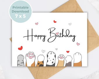 Tarjeta de cumpleaños imprimible de gato, linda tarjeta de felicitación de gatito, descarga digital de tarjeta de cumpleaños de gato BC0015